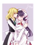  2girls apron ascot black_skirt black_vest blonde_hair bow brown_hair closed_eyes closed_mouth collared_shirt commentary_request frilled_bow frills green_necktie hair_bow hakurei_reimu headscarf highres hug kirisame_marisa long_hair long_sleeves mito_(fate) multiple_girls necktie no_headwear red_bow red_skirt shirt signature skirt skirt_set touhou twitter_username very_long_hair vest waist_apron white_apron white_shirt yellow_ascot yuri 