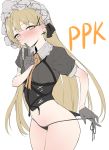  1girl absurdres ass black_gloves blonde_hair blush earrings finger_to_mouth girls_frontline gloves hair_ornament highres hyury jewelry long_hair looking_at_viewer maid_headdress no_pants orange_ribbon panties ppk_(girls_frontline) ribbon side-tie_panties solo underwear undressing yellow_eyes 