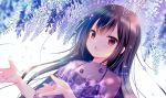  1girl :o bangs black_hair blue_flower blurry blurry_foreground blush commentary_request depth_of_field dress eyebrows_visible_through_hair flower hair_between_eyes hands_up long_sleeves looking_away open_mouth original petals purple_dress red_eyes see-through shirogane_hina solo upper_body wisteria 