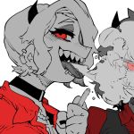  blowing_smoke ear_piercing hair_over_one_eye helltaker highres horns idohj12 lip_piercing malina_(helltaker) nose_piercing piercing red_eyes sharp_teeth smoke teeth tongue_piercing zdrada_(helltaker) 