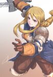  1girl absurdres agrias_oaks armor blonde_hair blue_dress braid breastplate brown_gloves brown_pants dress fighting_stance final_fantasy final_fantasy_tactics gloves highres holding holding_sword holding_weapon knee_pads knight long_hair pants shoulder_pads signature single_braid smile solo sword twitter_username two-tone_background tyanoki weapon yellow_eyes 