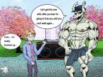 anthro balls clothing duo electronics english_text erection friday_night_funkin&#039; genitals hat headgear headwear hi_res horn horned_humanoid human humanoid male male/male mammal microphone nazuranoke nipples plant profanity school senpai_(fnf) tabi_(fnf) text tree underwear watermark