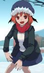  1girl :d alternate_hair_length alternate_hairstyle bat_wings blurry bright_pupils coat commentary_request depth_of_field fangs futatsuki_eru hair_between_eyes head_wings koakuma lake leaning_forward long_sleeves open_mouth outdoors red_eyes red_hair red_neckwear red_scarf scarf scarlet_devil_mansion short_hair skirt sky smile snow solo touhou white_pupils wings winter_clothes 