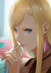  1girl absurdres blonde_hair blue_eyes cigarette closed_mouth commentary_request earrings eyelashes gigi_andalusia gundam gundam_hathaway&#039;s_flash highres jewelry lipstick long_hair looking_at_viewer makeup nail_polish pink_nails portrait smoking solo tsugu0302 