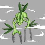  1:1 2_fingers 2_toes ambiguous_gender attack feral fingers green_body grey_background grovyle hashouty hi_res leaf nintendo pok&eacute;mon pok&eacute;mon_(species) reptile scalie simple_background toes video_games yellow_sclera 