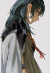  1girl blue_eyes blue_hair byleth_(fire_emblem) byleth_(fire_emblem)_(female) closed_mouth fire_emblem fire_emblem:_three_houses from_side grey_background looking_to_the_side pumpkin-crazy simple_background solo upper_body 