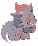 absurd_res areola breasts busty_feral female feral fur generation_5_pokemon green_eyes grey_body grey_fur grey_tail hi_res nintendo nipples oposa pawpads pokemon pokemon_(species) quadruped red_body red_fur sharp_teeth simple_background smile smirk solo tail teeth white_background zorua