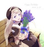  1girl bench blonde_hair blue_eyes bow dated dress earrings fire_emblem fire_emblem:_three_houses flower happy_birthday hiyori_(rindou66) holding jewelry long_sleeves mercedes_von_martritz open_mouth short_hair sitting solo veil 
