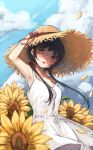 1girl arm_up armpits bangs bare_arms bare_shoulders black_hair blue_sky breasts brown_eyes cloud cloudy_sky collarbone commentary_request day dress eyebrows_visible_through_hair flower hand_on_headwear hat highres long_hair low_twintails nyucha original outdoors petals sky sleeveless sleeveless_dress small_breasts solo straw_hat summer sunflower twintails white_dress yellow_flower 