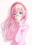  1girl artist_name blue_eyes commentary glasses hairband hand_to_own_mouth hand_up long_hair looking_at_viewer megurine_luka nokuhashi pink_hair pink_sweater sidelighting solo sweater upper_body vocaloid 