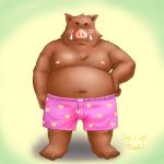  1:1 2014 anthro belly brown_body brown_fur bulge eyes_closed fur humanoid_hands kemono male mammal moobs navel nipples overweight overweight_male simple_background solo suid suina sus_(pig) toshi_(artist) underwaer wild_boar 