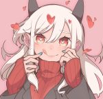  blue_nails blush closed_mouth demon_horns eyebrows_visible_through_hair hair_between_eyes heart heart-shaped_pupils helltaker highres horns kinakomoti long_hair long_sleeves looking_at_viewer modeus_(helltaker) pink_background red_eyes ribbed_sweater simple_background sleeves_past_wrists smile sweater symbol-shaped_pupils tongue tongue_out turtleneck turtleneck_sweater upper_body white_hair 