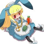  1girl :&lt; animal animal_ear_hairband animal_ears animal_on_lap animal_slippers apron artist_request black_pantyhose blonde_hair blue_dress blue_hairband bunny_slippers carrot chain closed_mouth collared_dress dress fake_animal_ears frilled_apron frills futaba_channel gold_chain hairband holding holding_carrot long_hair long_sleeves maid maid_apron maid_headdress nijiura_maids on_lap pantyhose pendant_watch rabbit_ear_hairband rabbit_ears red_eyes shadow simple_background sitting slippers third-party_source turtle usai white_apron white_background white_footwear 