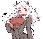  1girl arm_at_side black_horns black_jacket black_suit black_tail blush breasts business_suit curly_hair demon_girl demon_horns demon_tail formal full-face_blush heart heart-shaped_pupils helltaker highres horns jacket large_breasts long_sleeves looking_at_viewer lyrinne medium_hair modeus_(helltaker) open_clothes open_jacket open_mouth red_eyes red_sweater ribbed_shirt shirt short_hair simple_background skirt sleeves_past_wrists solo standing suit sweater symbol-shaped_pupils tail turtleneck undressing upper_body white_background white_hair 