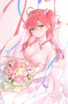  ahoge alternate_costume blush bouquet breasts cleavage closed_mouth collarbone dress flower green_eyes hair_between_eyes highres holding holding_bouquet hololive lims_(neko2lims) lips long_hair looking_at_viewer pink_dress pink_hair sakura_miko virtual_youtuber 