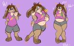  2020 anthro barefoot bottomwear breast_growth breasts brown_hair clothing eyewear female gender_transformation glasses hair hi_res la-frugele lagomorph leporid long_ears looking_at_viewer male mammal mtf_transformation navel pants pink_nose rabbit shirt smile solo standing surprise topwear transformation 