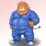  1:1 2015 anthro blush clothed clothing felid hi_res humanoid_hands kemono lion male mammal overweight overweight_male pantherine simple_background solo toshi_(artist) 