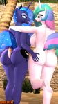  3d_(artwork) 9:16 absurd_res after_kiss anthro big_butt bodily_fluids breast_squish breasts breasts_frottage butt digital_media_(artwork) duo equid eye_contact female female/female friendship_is_magic hand_on_butt hi_res horn incest_(lore) looking_at_another mammal my_little_pony nude palm_tree princess_celestia_(mlp) princess_luna_(mlp) rear_view saliva saliva_string sibling sister sisters squish trailssfm tree unicorn 