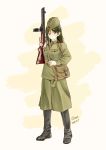  1girl absurdres bag belt belt_buckle black_hair blue_eyes boots buckle girls_und_panzer gun hat highres long_hair looking_at_viewer military military_uniform nonna_(girls_und_panzer) satchel simple_background smile solo soviet standing submachine_gun uniform user_jufx8787 weapon 