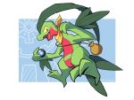  2_fingers 2_toes 4:3 ambiguous_gender bandanna fingers fluffythemarsh green_body grovyle hi_res holding_object leaf nintendo open_mouth pok&eacute;mon pok&eacute;mon_(species) red_body reptile scalie signature solo toes tongue video_games yellow_sclera 