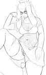  absurd_res anthro black_and_white bodily_fluids bra breasts cleavage clothed clothing female fishnet fishnet_topwear genital_fluids genitals hi_res legwear looking_at_viewer monochrome munching navel nintendo penis pok&eacute;mon pussy_juice quin-nsfw solo stockings underwear video_games 