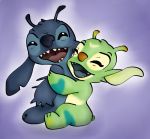  2013 alien antennae_(anatomy) blue_body blue_fur blue_nose bonnie_(lilo_and_stitch) boonieboo0 brown_nose disney experiment_(lilo_and_stitch) eyes_closed female fur green_body green_fur green_inner_ear green_markings happy hug lilo_and_stitch male markings multicolored_antennae multicolored_body open_mouth purple_background simple_background stitch_(lilo_and_stitch) teeth tongue 