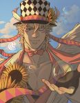  1boy artist_name bangs bara blonde_hair bubble caesar_anthonio_zeppeli catneylang chest cloud cloudy_sky collarbone day eyebrows_visible_through_hair facial_mark feathers fingerless_gloves flower gloves green_eyes hair_between_eyes hair_feathers hat highres jacket jojo_no_kimyou_na_bouken looking_at_viewer male_focus neck_ribbon one_eye_closed outdoors pectorals ribbon sky smile solo sunflower upper_body 