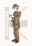  1girl absurdres backpack bag belt blonde_hair blue_eyes brodie_helmet cup darjeeling_(girls_und_panzer) eyebrows_visible_through_hair girls_und_panzer hair_bun helmet highres looking_at_viewer military military_uniform mug pocket qian shoes smile solo spoon uniform union_jack 