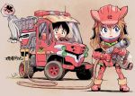  1boy 1girl black_eyes black_hair blue_eyes chibi eva_02 fire_helmet fire_jacket fire_truck ground_vehicle hose ikari_shinji kiichi looking_to_the_side motor_vehicle neon_genesis_evangelion nerv orange_hair parody scared souryuu_asuka_langley vehicle 