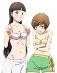  amagi_yukiko black_hair blush breasts brown_eyes brown_hair cleavage closed_mouth groin hairband long_hair looking_at_viewer multiple_girls open_mouth persona persona_4 ribonzu satonaka_chie short_hair simple_background swimsuit white_background 