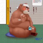  1:1 2018 anthro belly blush brown_body brown_fur censored fur genitals hi_res humanoid_hands japanese_text kemono male mammal masturbation moobs nipples overweight overweight_male penis sitting solo text toshi_(artist) ursid 