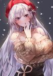  1girl aran_sweater arm_under_breasts azur_lane bangs bare_shoulders belfast_(azur_lane) belfast_(shopping_with_the_head_maid)_(azur_lane) beret black_skirt blush bow breasts brown_sweater choker closed_mouth commentary_request earrings hair_bow hand_to_lip hat highres hoop_earrings jewelry large_breasts long_hair looking_at_viewer off-shoulder_sweater off_shoulder purple_eyes red_headwear red_nails silver_hair skirt smile suru_(ksoo420) sweater 