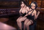  2girls bar black_dress black_hair blurry breasts cleavage cup depth_of_field dress drinking_glass grey_eyes grin halterneck hand_on_another&#039;s_hip hand_on_another&#039;s_thigh highres large_breasts long_hair looking_at_viewer multicolored_hair multiple_girls neonbeat no_bra one_eye_closed original smile thigh_strap thighs yellow_eyes 