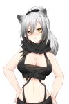  1girl animal_ear_fluff animal_ears arknights bangs bare_arms bare_shoulders black_scrunchie breasts brown_eyes cleavage cleavage_cutout closed_mouth commentary_request crop_top eyebrows_behind_hair gradient_hair grey_hair hair_between_eyes hair_ornament hair_scrunchie hands_on_hips highres inniyik large_breasts long_hair looking_at_viewer midriff multicolored_hair navel ponytail schwarz_(arknights) scrunchie simple_background solo wavy_mouth white_background 