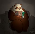  2020 96panda 96panda_hk anthro belly brown_body brown_fur clothing eyewear fur giant_panda glasses green_eyes hi_res kemono male mammal overweight overweight_male phone plushie sitting solo underwear ursid 