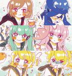  2boys 5girls :p aqua_eyes aqua_hair banana banana_peel bangs bare_shoulders bass_clef bishoujo_senshi_sailor_moon black_collar blonde_hair blue_collar blue_scarf blush_stickers brown_hair collar commentary covered_face cup derivative_work detached_sleeves eating english_commentary expressionless food fruit giving grey_shirt grin hair_ornament hairclip hand_up hatsune_miku headphones headset highres holding holding_cup holding_food holding_fruit holding_spring_onion kagamine_len kagamine_rin kaito long_hair meiko merurin mouth_drool mouth_hold multiple_boys multiple_girls open_mouth orange outstretched_hand parody parted_lips pink_hair portrait sailor_collar sailor_moon_redraw_challenge scarf school_uniform serafuku shirt short_hair shoulder_tattoo sleeveless sleeveless_shirt smile sparkle spring_onion sweat swept_bangs takoluka tattoo tongue tongue_out treble_clef turn_pale twintails v-shaped_eyebrows vocaloid white_shirt 