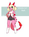 absurd_res anthro breasts clothed clothing cute_fangs darkpotzm dragon female footwear fully_clothed hair hi_res horn monotone_ears monotone_horn niar_(potzm) pink_ears pink_tail red_horn red_tail solo topwear two_tone_tail white_clothing white_footwear white_topwear wingless_dragon 