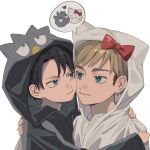  2boys animal_ear_hood animal_ears arm_around_shoulder badtz-maru black_hair blonde_hair blue_eyes bow brown_hair character_hood cheek-to-cheek closed_mouth commentary dot_nose erwin_smith eye_contact fake_animal_ears hair_bow heads_together heart hello_kitty hello_kitty_(character) highres hood hood_up hoodie hug image_in_thought_bubble jitome levi_(shingeki_no_kyojin) looking_at_another male_focus multiple_boys parted_bangs red_bow sanrio shingeki_no_kyojin short_hair sideburns simple_background smile speech_bubble thick_eyebrows thought_bubble tomatoliz upper_body white_background yaoi 