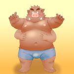  1:1 2018 anthro belly blush brown_body brown_fur bulge clothing fur hi_res hug hugging_from_behind kemono male male/male mammal moobs navel nipples overweight overweight_male simple_background solo_focus suid suina sus_(pig) toshi_(artist) underwear wild_boar 