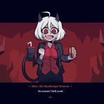  absurdres black_horns black_jacket blush character_name demon demon_girl demon_horns demon_tail food hamburger happy helltaker highres horns jacket oakblu original red_eyes red_shirt sandwich shirt short_hair smile soda tail white_hair 