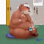  1:1 2018 anthro belly blush bodily_fluids brown_body brown_fur censored cum ejaculation fur genital_fluids genitals hi_res humanoid_hands japanese_text kemono male mammal masturbation moobs nipples overweight overweight_male penis sitting solo text toshi_(artist) ursid 