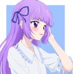  1girl aikatsu! aikatsu!_(series) bangs blue_background blue_ribbon blush collared_dress dress eyebrows_visible_through_hair from_side hair_ribbon hand_up highres hikami_sumire long_hair looking_away parted_lips purple_eyes purple_hair ribbon short_sleeves smile solo trg-_(sain) two-tone_background white_background white_dress 