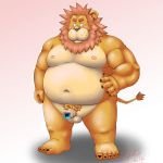  1:1 2015 anthro balls belly blush censored felid flaccid genitals hi_res humanoid_genitalia humanoid_hands humanoid_penis kemono lion male mammal moobs navel nipples overweight overweight_male pantherine penis simple_background solo toshi_(artist) 