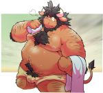  2020 anthro belly bovid bovine bulge cattle clothing eyes_closed hi_res humanoid_hands kemono male mammal moobs nipples overweight overweight_male pubes solo suishou0602 towel underwear 