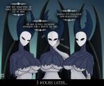 2023 2_horns anthro arthropod artist_logo black_eyes breasts crossed_arms dialogue digital_media_(artwork) english_text eyelashes female fingers group hi_res hollow_knight horn logo mantis_lord_(hollow_knight) piekiller question_mark sibling_(lore) sister_(lore) sisters_(lore) speech_bubble talking_to_another team_cherry text trio white_head white_text