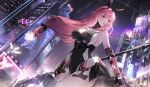  1girl akiyadol ayla:_kaleido_(pgr) ayla_(pgr) bare_shoulders billboard black_gloves black_hairband black_leotard breasts bug building butterfly cityscape cowboy_shot drill_hair drill_sidelocks dutch_angle fingerless_gloves from_below gloves hairband highres holding holding_polearm holding_weapon large_breasts leotard long_hair looking_to_the_side low-tied_long_hair mechanical_arms night night_sky official_art parted_lips pink_butterfly pink_eyes pink_hair polearm punishing:_gray_raven rabbit_bow sidelocks sky solo turning_head weapon 