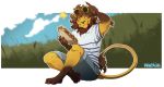  2020 4_toes 5_fingers alpha_channel anthro brown_hair clothed clothing digital_media_(artwork) digitigrade felid fingers hair hi_res lion male mammal pantherine ravoilie sitting smile solo toes 