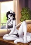  anthro black_hair bra breasts camel_toe canid canine canis cleavage clothed clothing female fur furniture hair hi_res licking lifejoyart looking_at_viewer mammal one_eye_closed panties sitting sofa solo spread_legs spreading tongue tongue_out underwear white_body white_fur wink wolf 