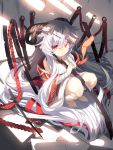  1girl absurdly_long_hair animal bandaged_arm bandaged_leg bandages bangs bare_shoulders barefoot bird blood blood_drip closed_mouth collarbone curled_horns eyebrows_visible_through_hair full_body grey_background grey_hair hair_between_eyes highres horns knees_up long_hair looking_at_viewer off_shoulder original red_eyes robe solo squatting very_long_hair white_robe yuuji_(yukimimi) 