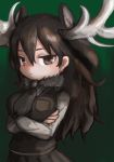  1girl animal_ears annoyed antlers arms_under_breasts bangs breast_pocket breasts brown_eyes brown_hair buchi0122 commentary crossed_arms extra_ears frown fur_collar glaring green_background hair_behind_ear hair_between_eyes highres kemono_friends large_breasts long_hair long_sleeves looking_at_viewer moose_(kemono_friends) moose_ears pleated_skirt pocket shiny shiny_hair shiny_skin simple_background skirt solo 